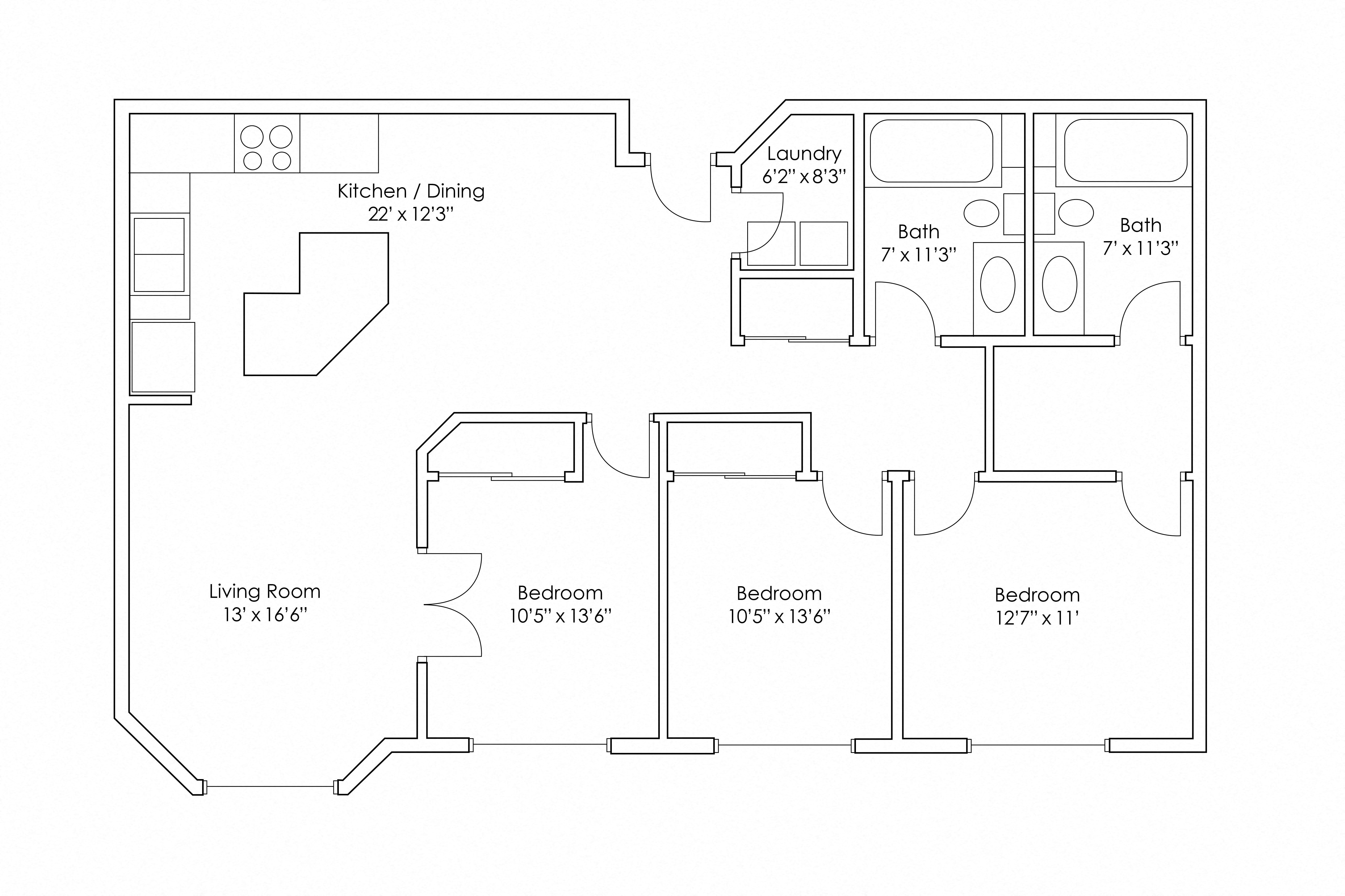 Floor plan for 3 beds, 2 baths, 1362 sqft